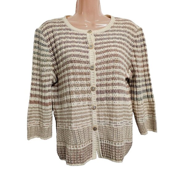 St. John Sport Button Up 3/4 Sleeve Heathered Women Size L Striped - Picture 1 of 16